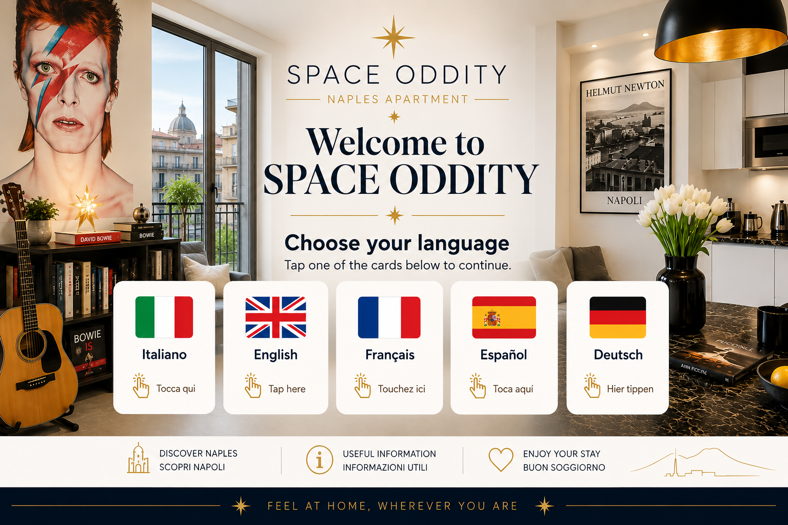 Space Oddity Naples Apartment welcome screen with five language cards